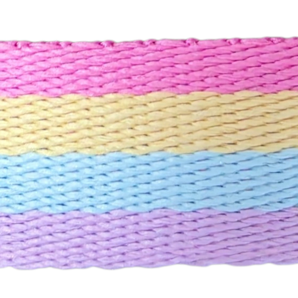 Close-up of Candy Stripe binding - fabric with pink, yellow, blue, and purple stripes on a white background