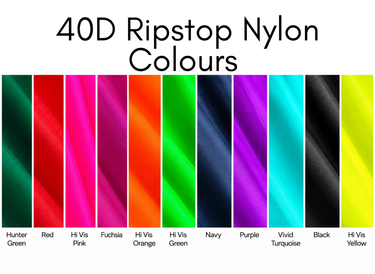 A color chart titled '40D Ripstop Nylon Colours' showing 12 vertical fabric swatches in different bright colors, including Hunter Green, Red, Hi Vis Pink, Fuchsia, Hi Vis Orange, Hi Vis Green, Navy, Purple, Vivid Turquoise, Black, and Hi Vis Yellow, each labeled with its color name.