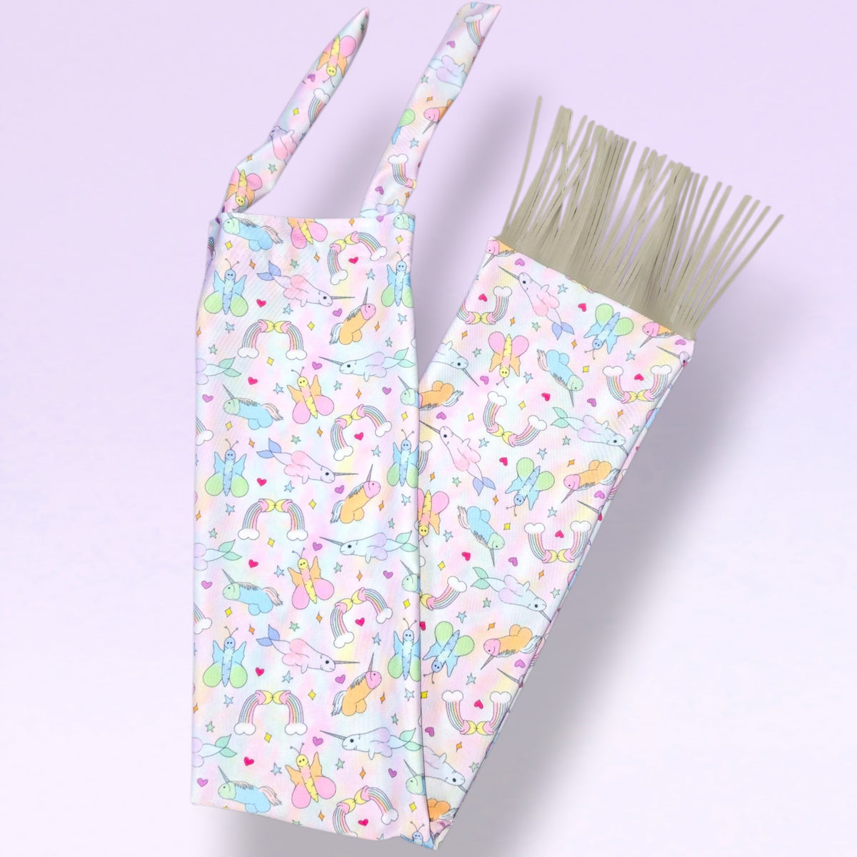 Swish slinky tail bag, with peen-icorn print & grey tassels