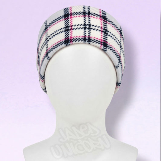Minky Fleece Ear Warmer Headband - Black, White & Pink Plaid