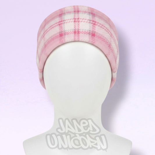 Minky Fleece Ear Warmer Headband - Pale Pink Plaid