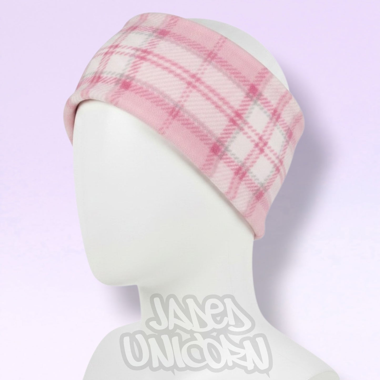 Minky Fleece Ear Warmer Headband - Pale Pink Plaid